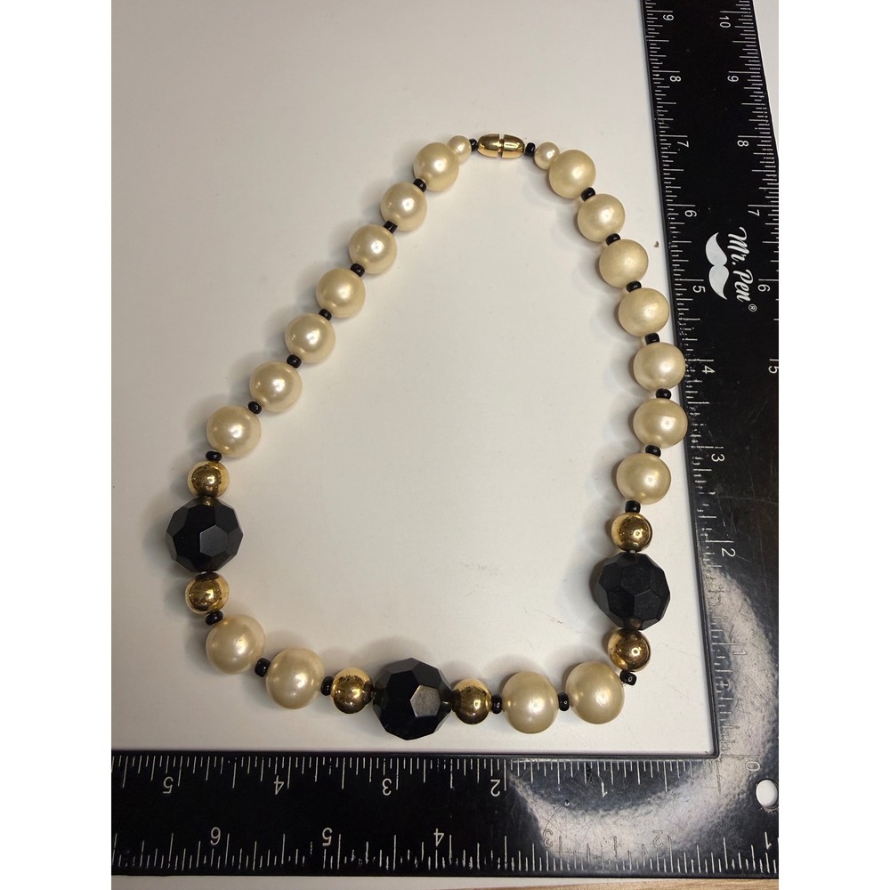 Vintage Chunky Faux Pearl Black Geometric Beaded Necklace Gold Tone Barrel Clasp